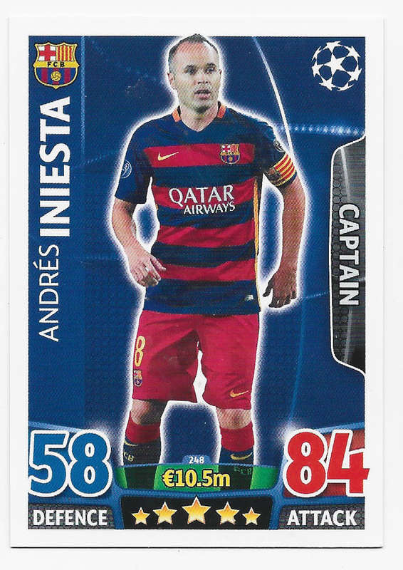 ANDRES INIESTA - PANINI `CHAMPIONS LEAGUE` 2016 COLLECTION - `CAPTAIN`TRADING CARD