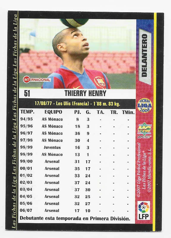 THIERRY HENRY - MUNDI CROMO `LA LIGA SPAIN` 2007/08 - TRADING CARD 51