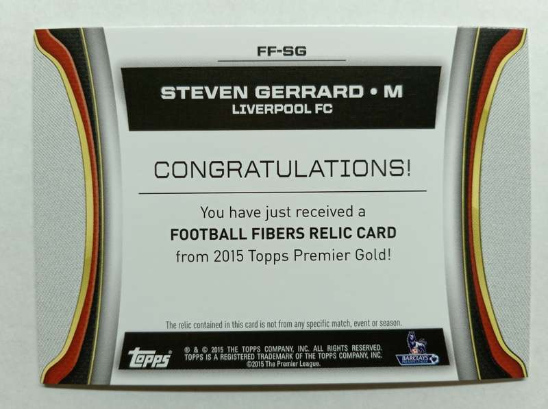 STEVEN GERARD - TOPPS `PREMIER GOLD` 2015/16 - AUTHENTIC `CERTIFIED MEMORABILIA` TRADING CARD