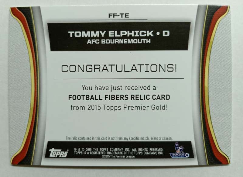 TOMMY ELPHICK - TOPPS `PREMIER GOLD` 2015/16 - AUTHENTIC `CERTIFIED MEMORABILIA` TRADING CARD