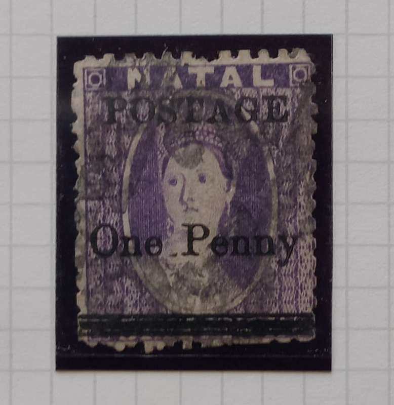 NATAL  1877/1879 - SACC 91 6d VIOLET STAMP with SURCHARGE `POSTAGE Half Penny` in Black - Used