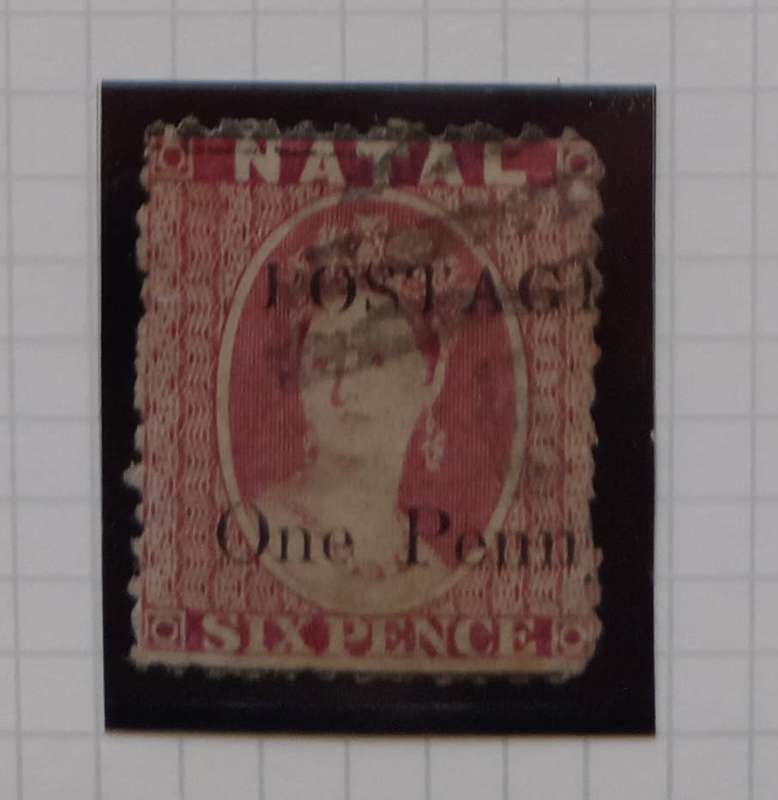 NATAL  1877/1879 - SACC 92 6d ROSE STAMP with SURCHARGE `POSTAGE Half Penny` in Black - Used