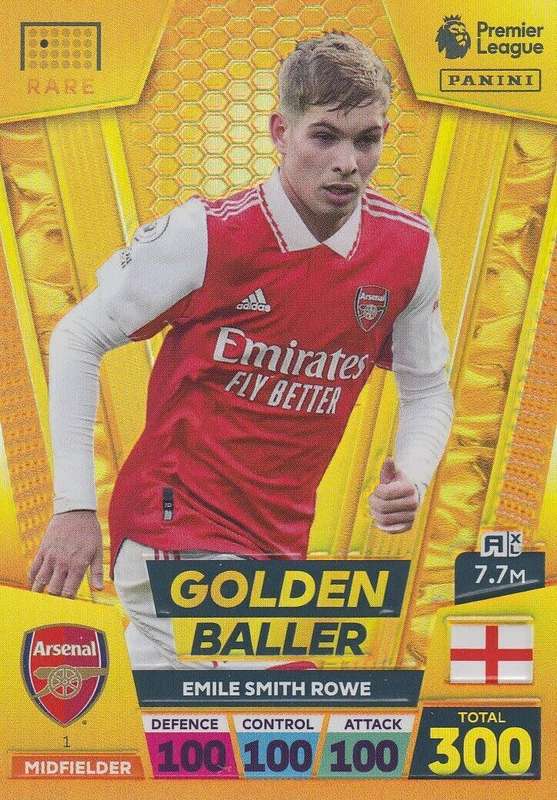 EMILE SMITH ROWE - PANINI Eng. Premier League 2022/2023 - RARE `GOLDEN BALLER` TRADING CARD 1