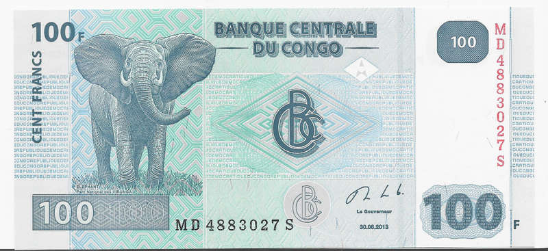CONGO CENTRAL BANK - 100 FRANCS BANK NOTE -  UNC. CONDITION B