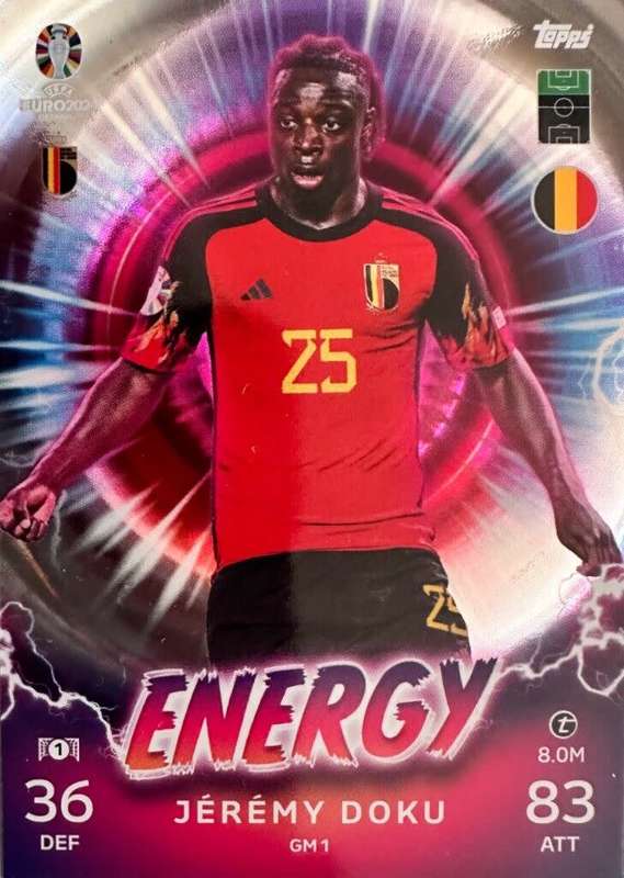 JEREMY DOKU - Topps `UEFA EURO 2024` Collection - RARE `ENERGY` Trading Card GM1