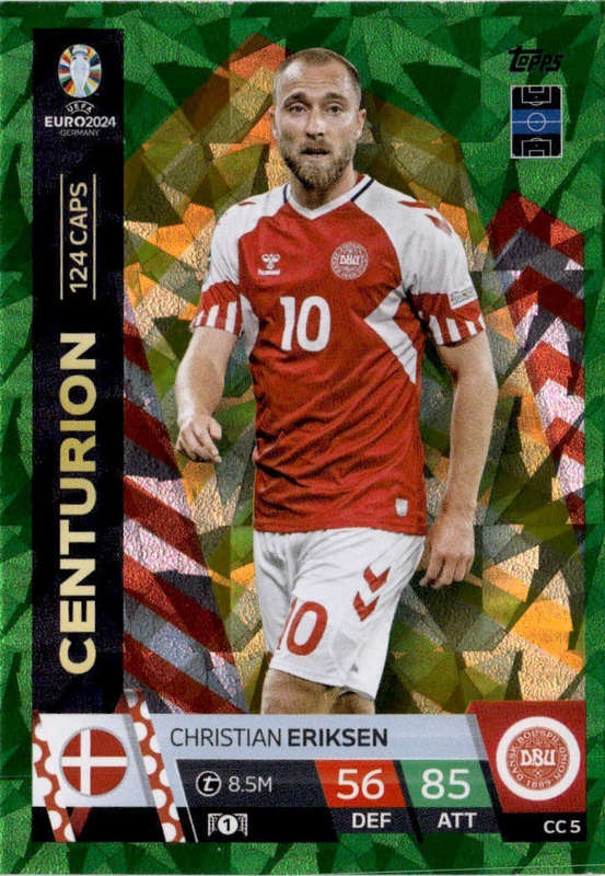 CHRISTIAN ERIKSEN - Topps `UEFA EURO 2024` Collection -  EMERALD PARALLEL`CENTURION` Trading Card