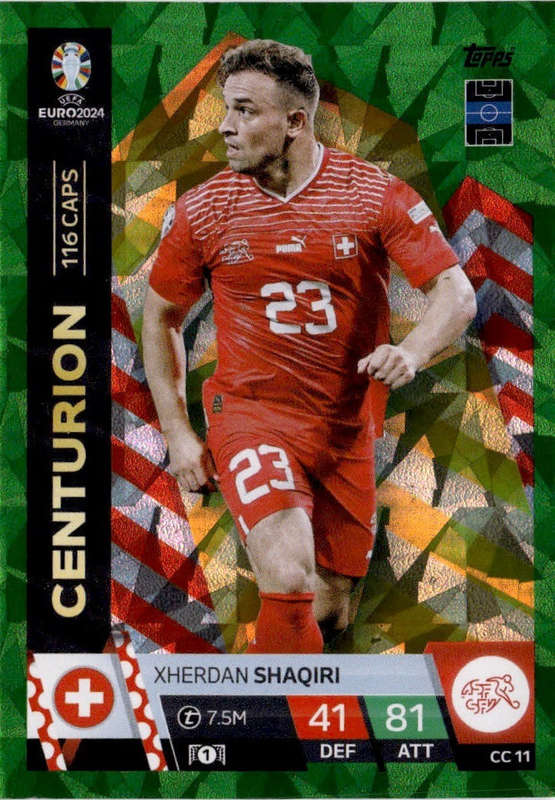 XHERDAN SHAQIRI - Topps `UEFA EURO 2024` Collection -  EMERALD PARALLEL`CENTURION` Trading Card