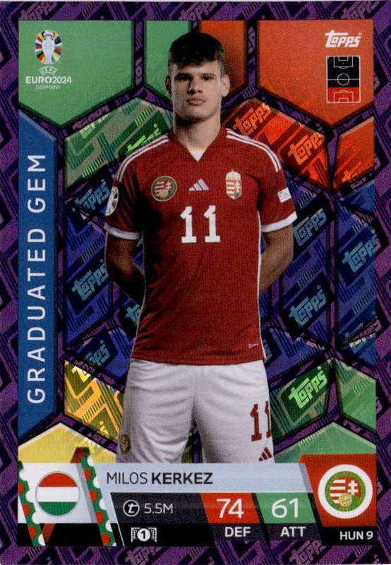 MILOS KERKEZ - Topps `UEFA EURO 2024` Collection - PURPLE PARALLEL`GRADUATED GEM` Trading Card