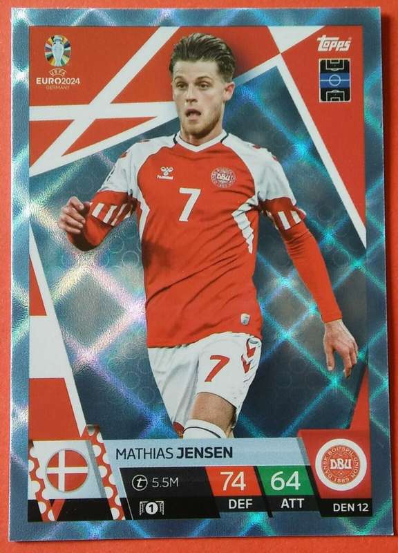 MATHIAS JENSEN - Topps `UEFA EURO 2024` Collection - BLUE SAPHIRE Trading Card DEN12