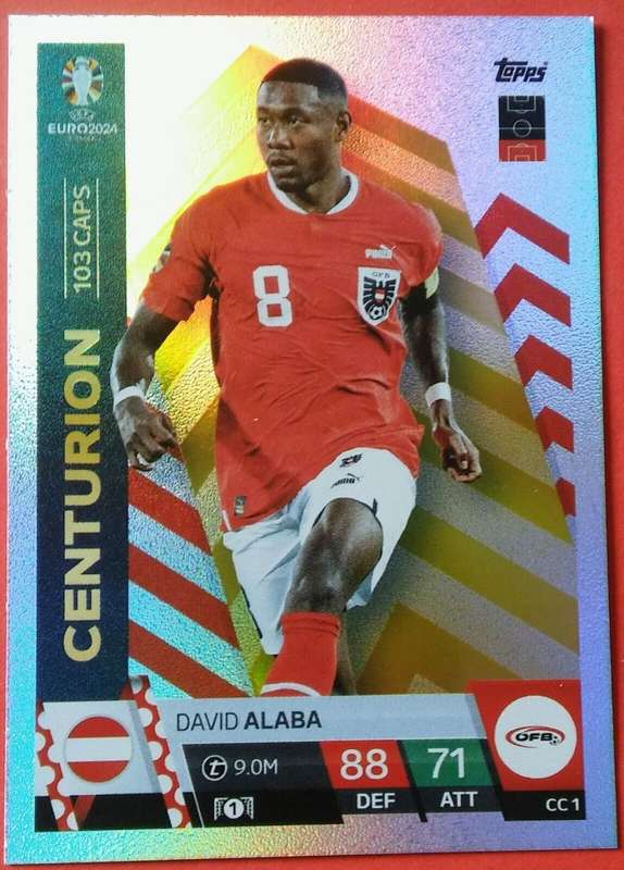 DAVID ALABA - Topps `UEFA EURO 2024` Collection -  FOIL`CENTURION` Trading Card CC1