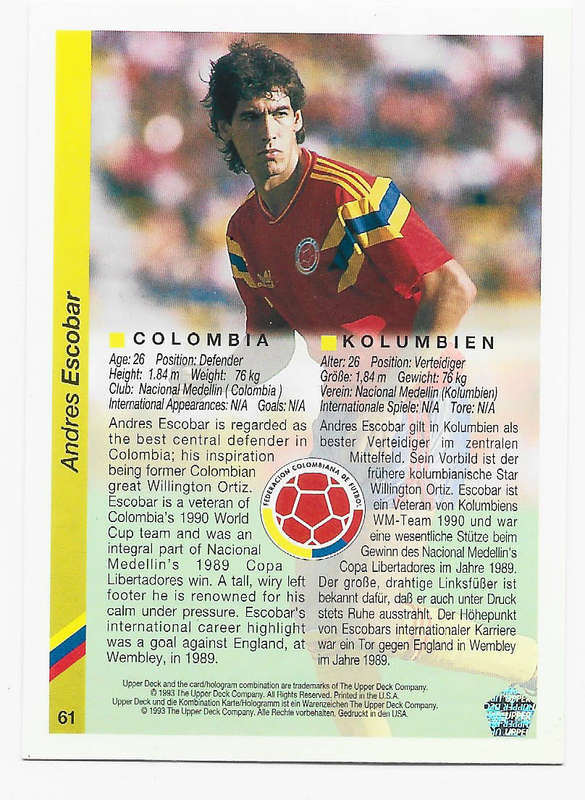 ANDRES ESCOBAR (Colombia) - U/Deck FIFA WORLD CUP 1994 Preview - BASE TRADING CARD 61 Eng/Ger