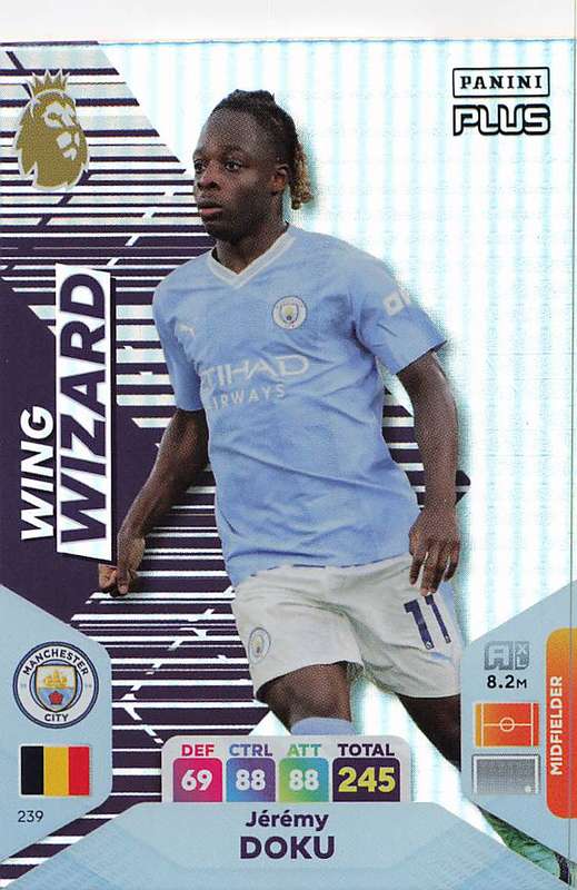 JEREMY DOKU - PANINI E/Premier League 2024 -FOIL `WING WIZARD` TRADING CARD 239