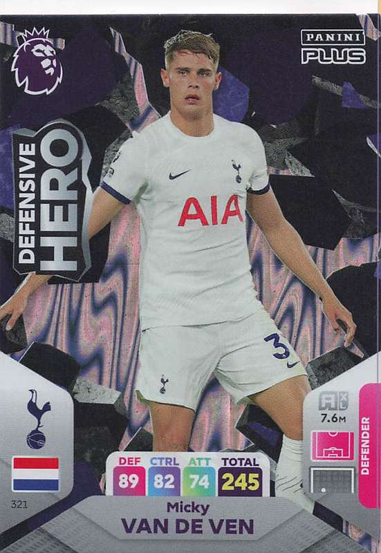 MICKY VAN DE VEN - PANINI E/Premier League PLUS 2024 -FOIL `DEFENSIVE HERO` TRADING CARD 321