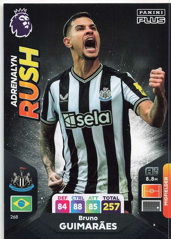 BRUNO GUIMARAES - PANINI E/Premier League PLUS 2024 -FOIL `ADRENALYN RUSH` TRADING CARD 268