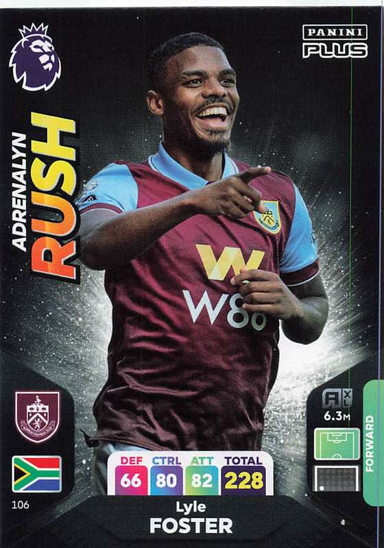 LYLE FOSTER - PANINI E/Premier League PLUS 2024 -FOIL `ADRENALYN RUSH` TRADING CARD 106