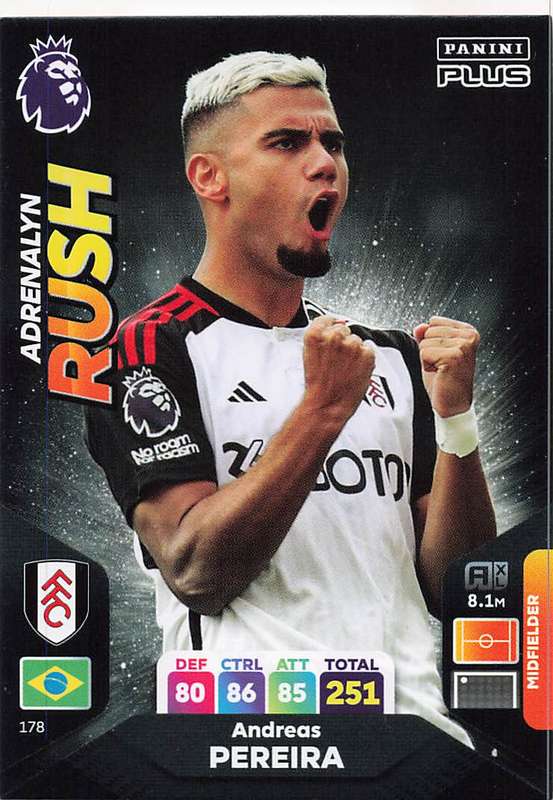 ANDREAS PEREIRA - PANINI E/Premier League PLUS 2024 -FOIL `ADRENALYN RUSH` TRADING CARD 178