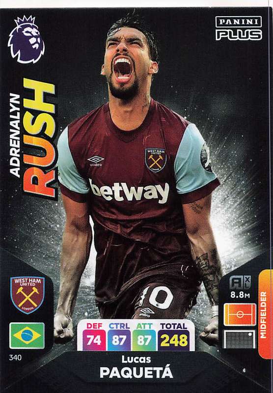 LUCAS PAQUETA - PANINI E/Premier League PLUS 2024 -FOIL `ADRENALYN RUSH` TRADING CARD 340