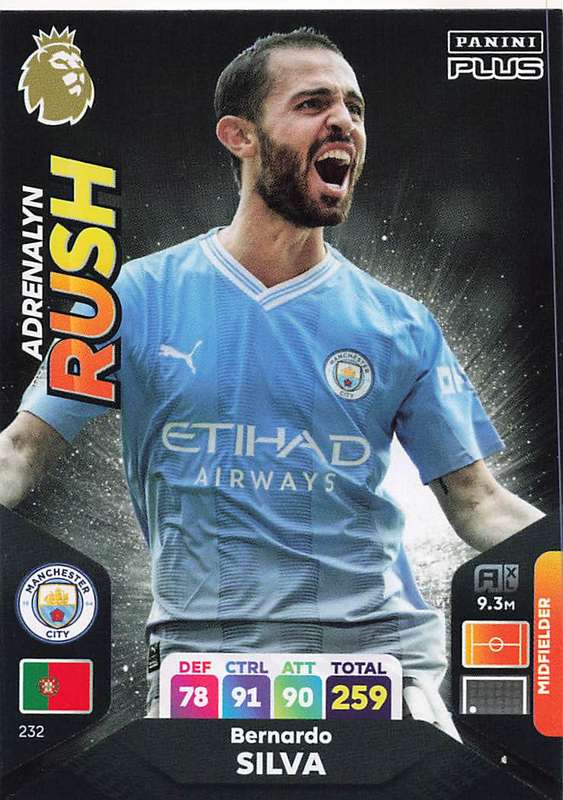 BERNARDO SILVA - PANINI E/Premier League PLUS 2024 -FOIL `ADRENALYN RUSH` TRADING CARD 232