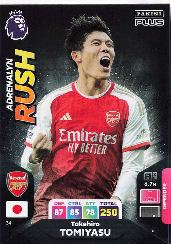 TAKEHIRO TOMIYASU - PANINI E/Premier League PLUS 2024 -FOIL `ADRENALYN RUSH` TRADING CARD 34