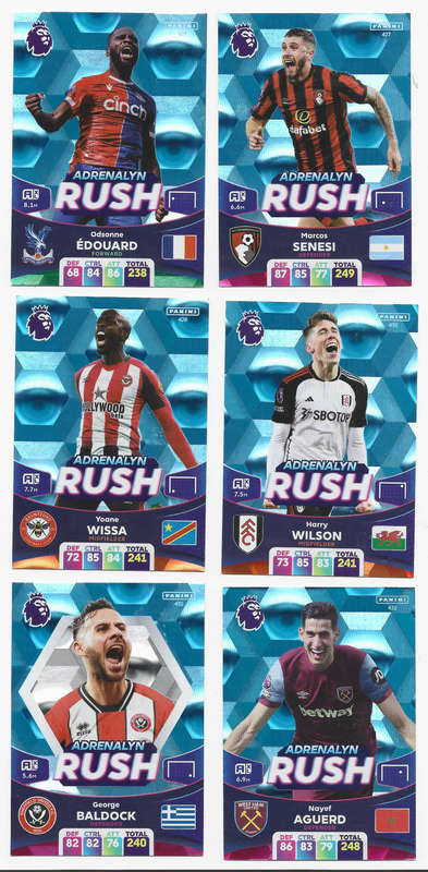 PANINI English Premier League 2023/24 - COMPLETE SET of 6 `ADRENALYN RUSH` FOIL TRADING CARDS