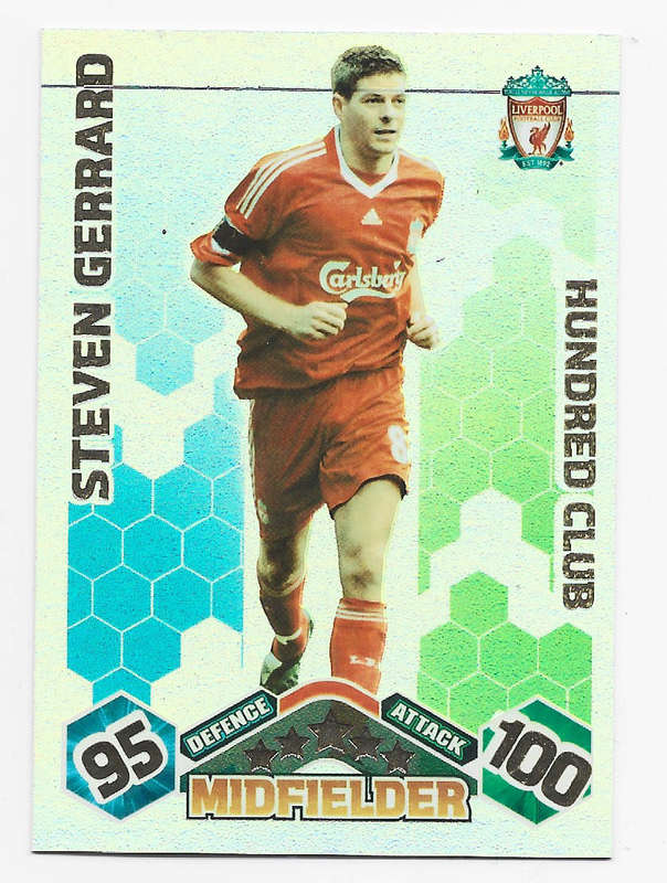 STEVEN GERARD - TOPPS `MATCH ATTAX EPL` 2009/10 -  ERROR FOIL `CLUB 100` TRADING CARD