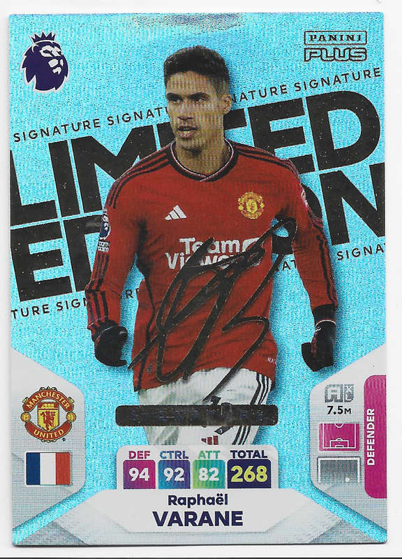RAPHAEL VARANE - PANINI English Premier League PLUS 2024 - RARE SIGNATURE `LIMITED EDITION` CARD