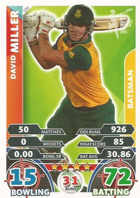 DAVID MILLER `PROTEAS` - TOPPS ICC CRICKET WORLD CUP 2015 - `BASE` TRADING CARD 100