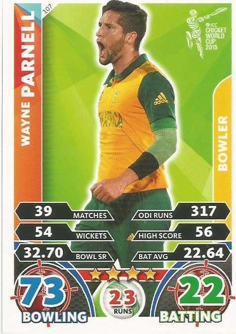 WAYNE PARNELL `PROTEAS` - TOPPS ICC CRICKET WORLD CUP 2015 - `BASE` TRADING CARD 107