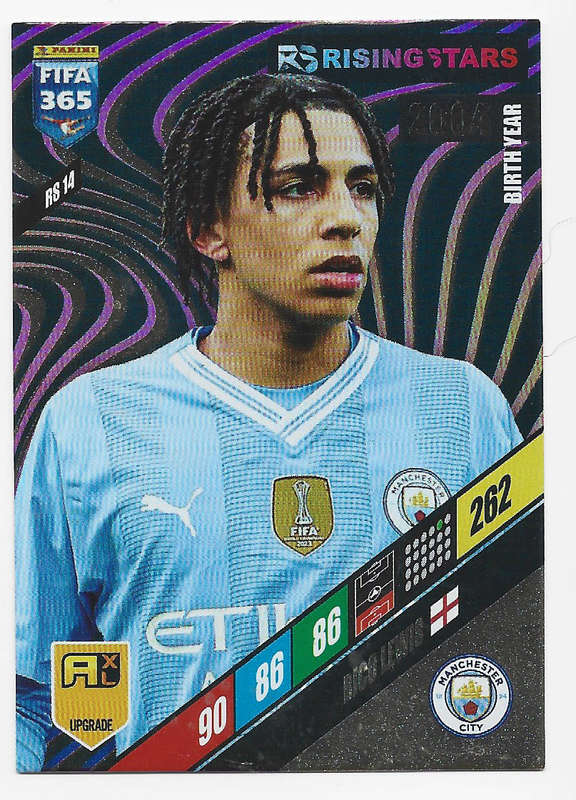 RICO LEWIS - PANINI `FIFA 365 COLLECTION` UPD. 2024 - GOLD `RISING STAR` FOIL TRADING CARD RS14