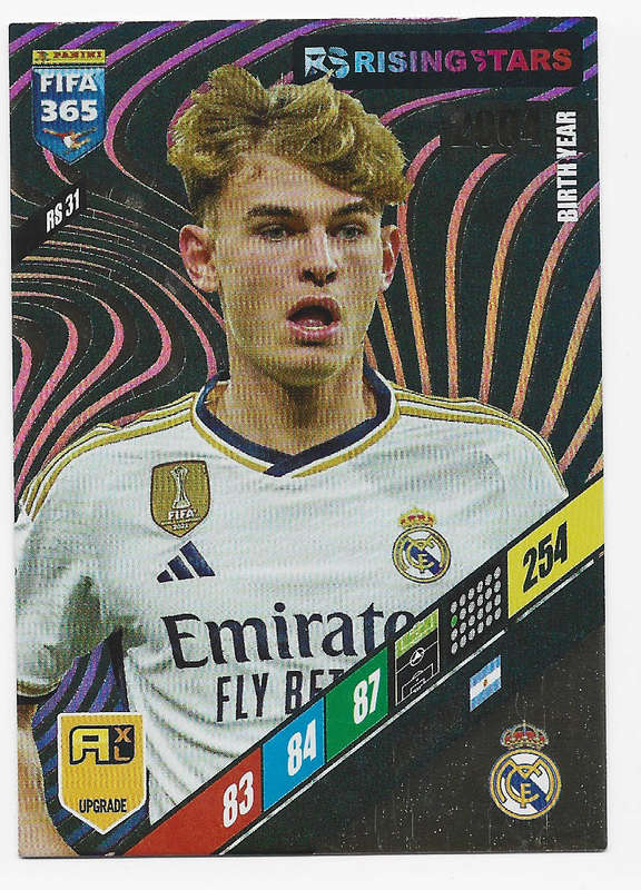 NICO PAZ - PANINI `FIFA 365 COLLECTION` UPD. 2024 - GOLD `RISING STAR` FOIL TRADING CARD RS31
