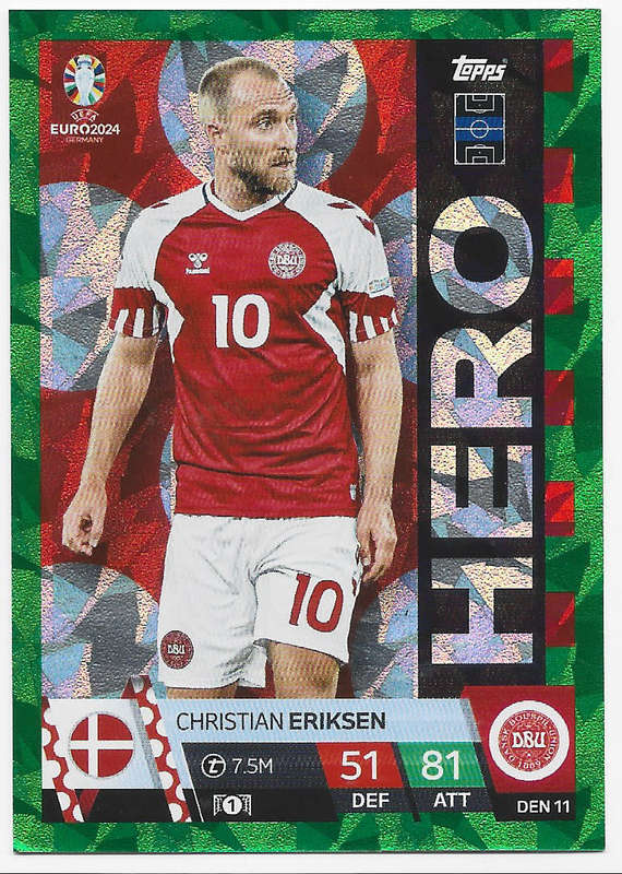 CHRISTIAN ERIKSEN - Topps `UEFA EURO 2024` Collection - EMERALD PARALLEL`HERO` Trading Card DEN11