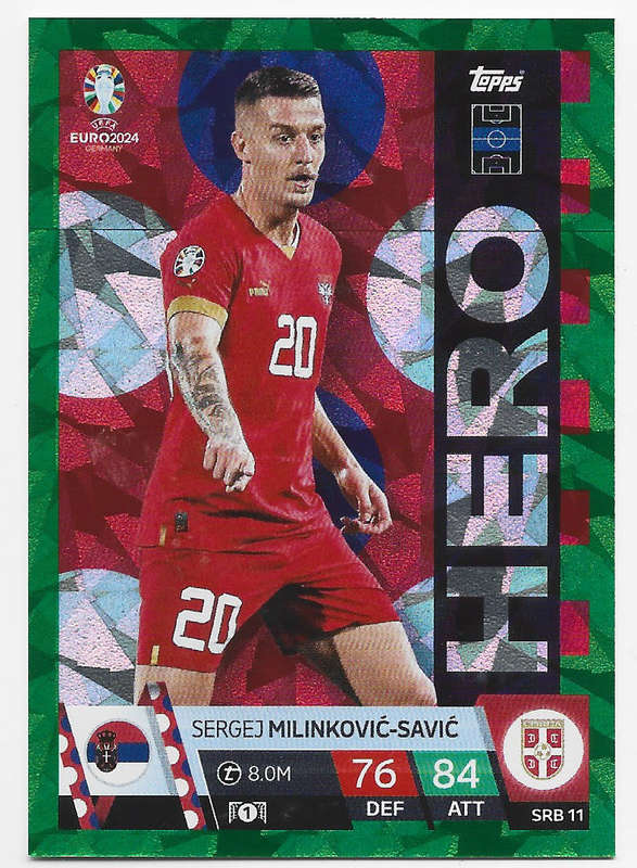 SERGEJ MILI.-SAVIC - Topps `UEFA EURO 2024` Collection - EMERALD PARALLEL`HERO` Trading Card SRB11