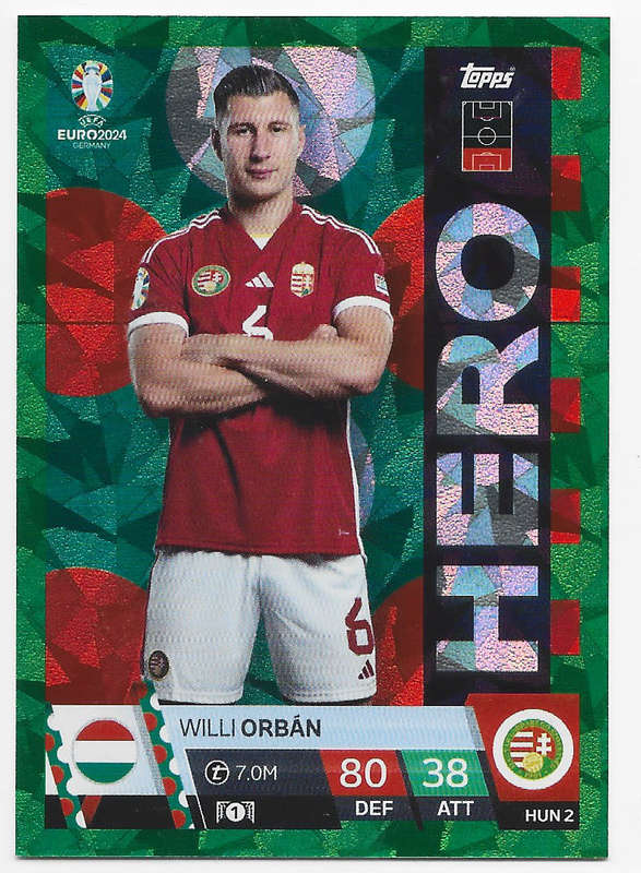 WILLY ORBAN - Topps `UEFA EURO 2024` Collection - EMERALD PARALLEL`HERO` Trading Card HUN2