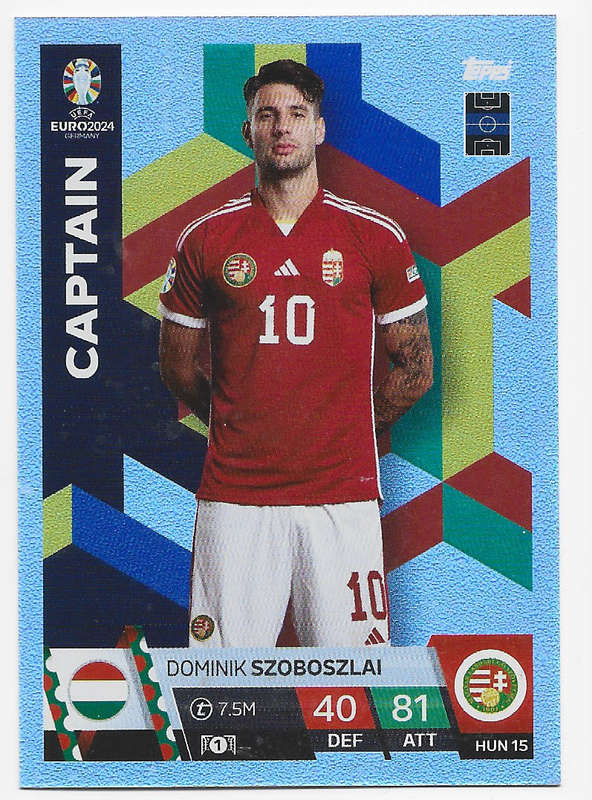 DOMINIK SZOBOSZLAI - Topps `UEFA EURO 2024` Collection - FOIL`CAPTAIN` Trading Card HUN15