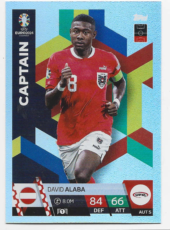 DAVID ALABA - Topps `UEFA EURO 2024` Collection - FOIL`CAPTAIN` Trading Card AUT5