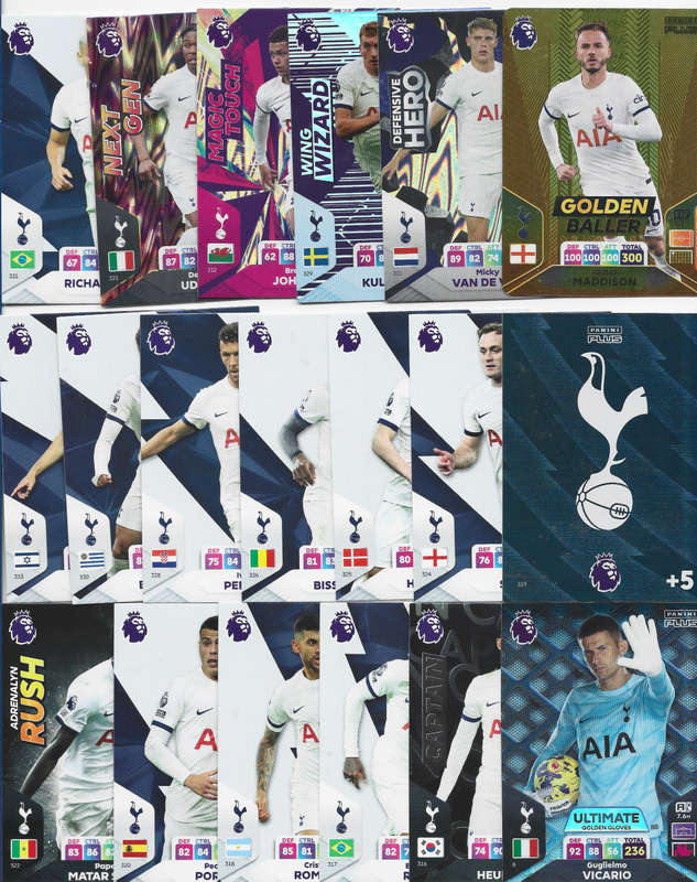 TOTTENHAM HOTSPURS - PANINI E/Premier League PLUS 2024 - COMPLETE TEAM SET of 19 TRADING CARDS