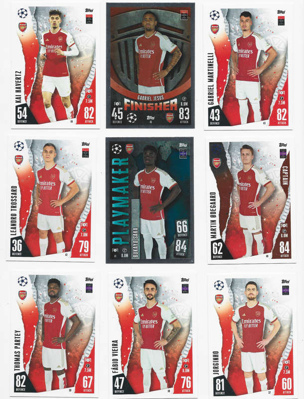 ARSENAL FC - TOPPS `CHAMPIONS/EUROPA LEAGUE` 2023/24 -  COMPLETE TEAM SET of 18 TRADING CARDS