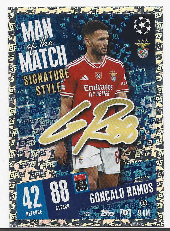 GONCALO RAMOS - TOPPS `CHAMPIONS/EUROPA LEAGUE` 2023/24 -  "SIGNATURE MAN of the MATCH" CARD