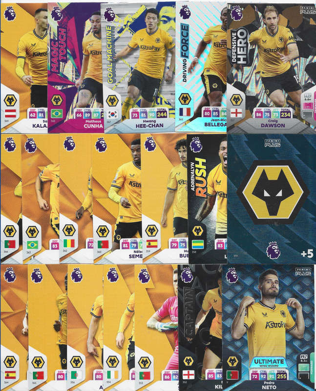 WOLVERHAMPTON - PANINI English Premier League PLUS 2024 - COMPLETE TEAM SET of 19 TRADING CARDS