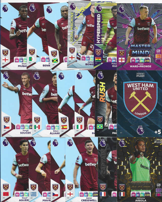 WEST HAM UNITED - PANINI English Premier League PLUS 2024 - COMPLETE TEAM SET of 18 TRADING CARDS