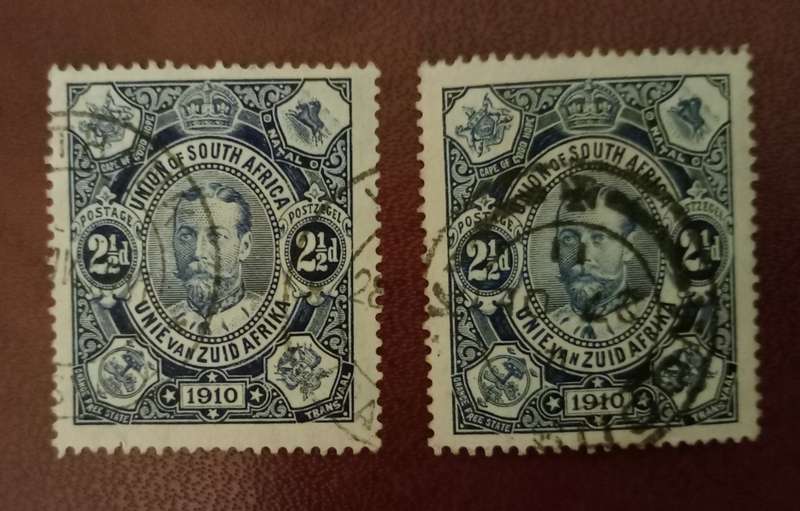 UNION of SOUTH AFRICA 1910 - SACC 1 - 2 and Half d Deep Blue Pair Used