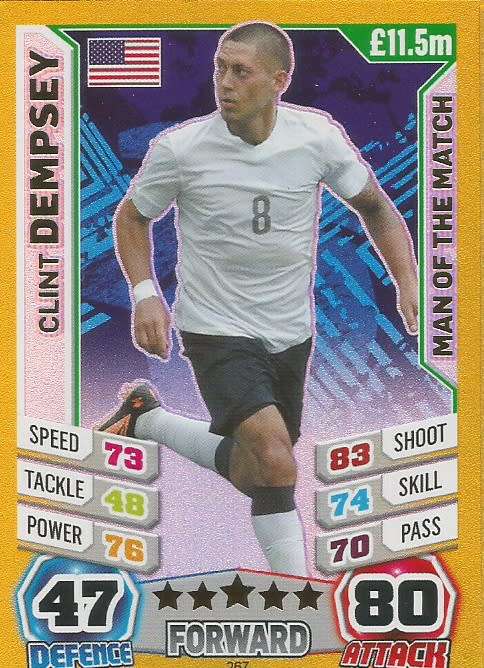 CLINT DEMPSEY - TOPPS `MATCH ATTAX WORLD CUP 2014` BRAZIL - FOIL `MAN of the MATCH` TRADING CARD