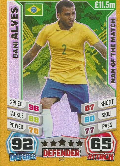 DANI ALVES - TOPPS `MATCH ATTAX WORLD CUP 2014` BRAZIL - FOIL `MAN of the MATCH` TRADING CARD