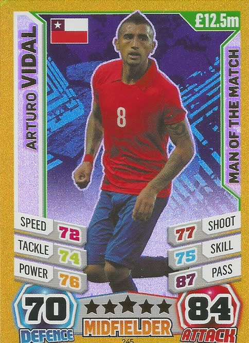 ARTURO VIDAL - TOPPS `MATCH ATTAX WORLD CUP 2014` BRAZIL - FOIL `MAN of the MATCH` TRADING CARD