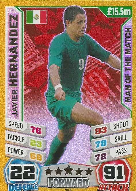 JAVIER HERNANDEZ - TOPPS `MATCH ATTAX WORLD CUP 2014` BRAZIL - FOIL `MAN of the MATCH` TRADING CARD