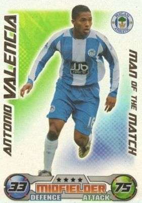 ANTONIO VALENCIA - TOPPS `MATCH ATTAX EXTRA` 2008/09 - FOIL `MAN of the MATCH` TRADING CARD
