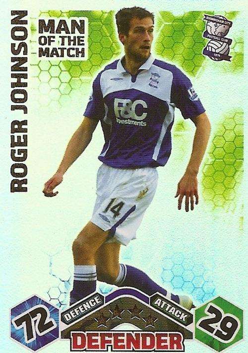 ROGER JOHNSON - MATCH ATTAX EXTRA 2009/10 - `MAN of the MATCH` FOIL TRADING CARD