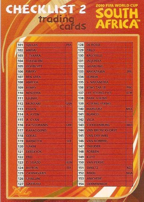 FIFA WORLD CUP 2010 `PREMIUM` COLLECTION - CHECKLIST TRADING CARD 2