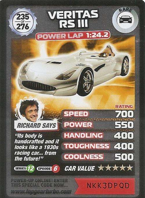 TOP GEAR TURBO CHALLENGE - VERITAS RS III (235) RARE CARD