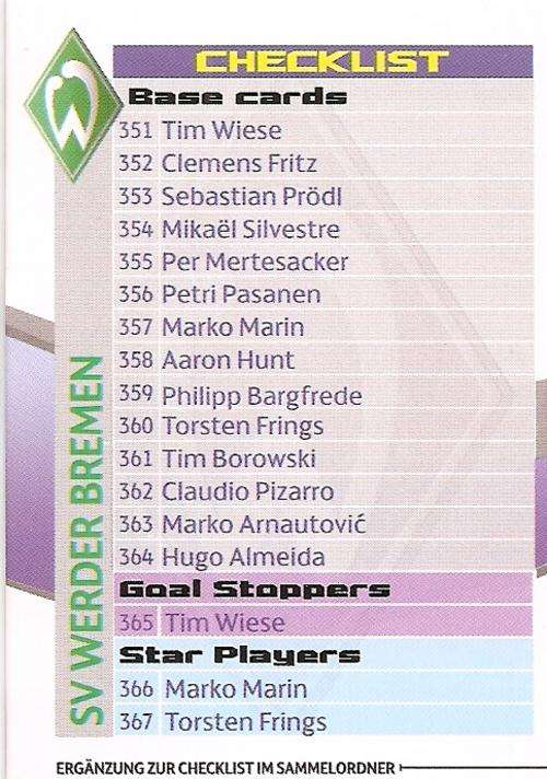 CHAMPIONS LEAGUE UPDATE 2010/11 WERDER BREMEN - CHECKLIST CARD